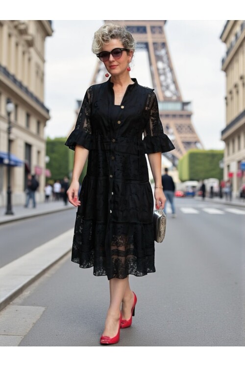 Nessi İtalyan Brode Gömlek Elbise Siyah