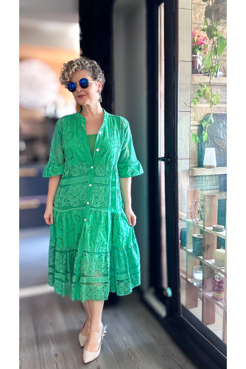 Nessi İtalyan Brode Gömlek Elbise Yeşil