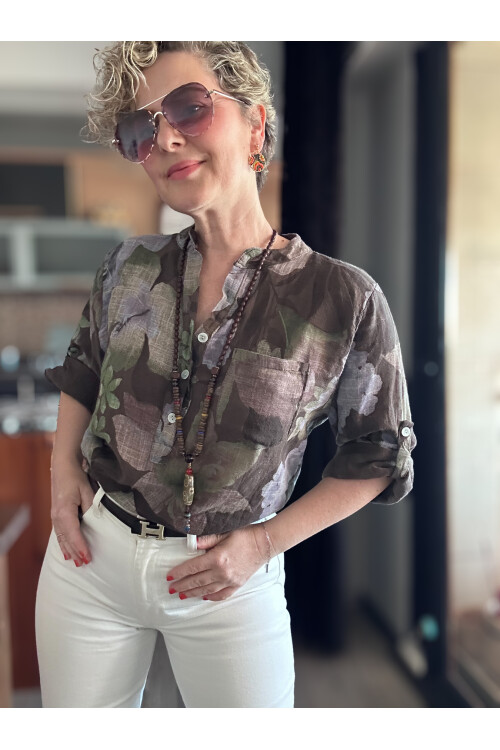 Netti Zambak Desen İtalyan Gömlek Kahve