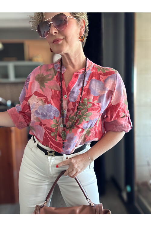 Netti Zambak Desen İtalyan Gömlek Mercan