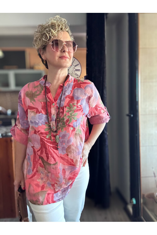 Netti Zambak Desen İtalyan Gömlek Mercan