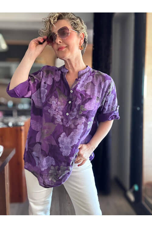 Netti Zambak Desen İtalyan Gömlek Mor
