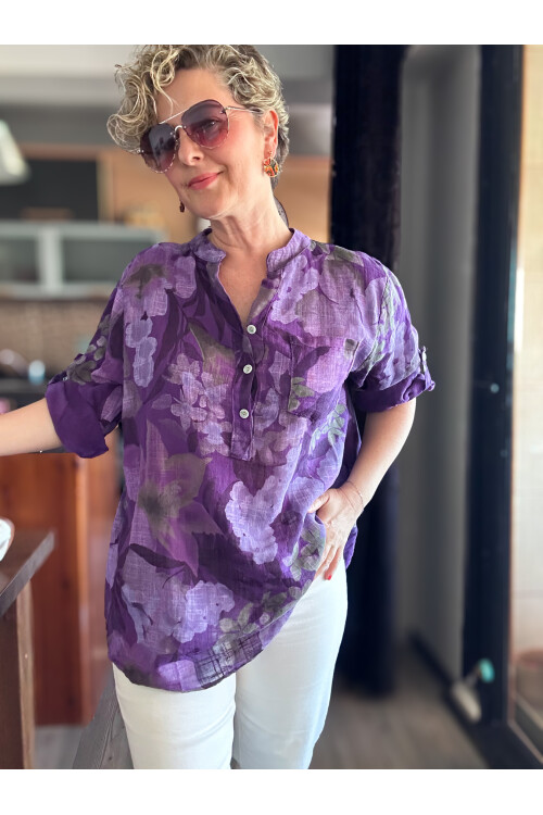 Netti Zambak Desen İtalyan Gömlek Mor
