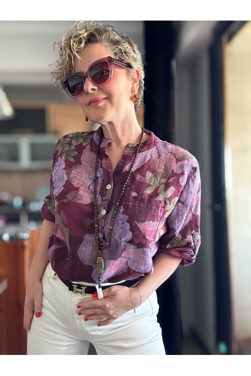 Netti Zambak Desen İtalyan Gömlek Mürdüm