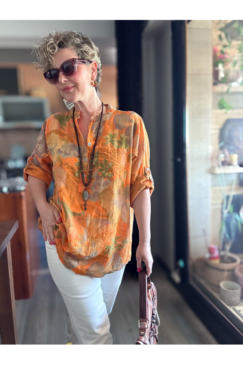 Netti Zambak Desen İtalyan Gömlek Turuncu