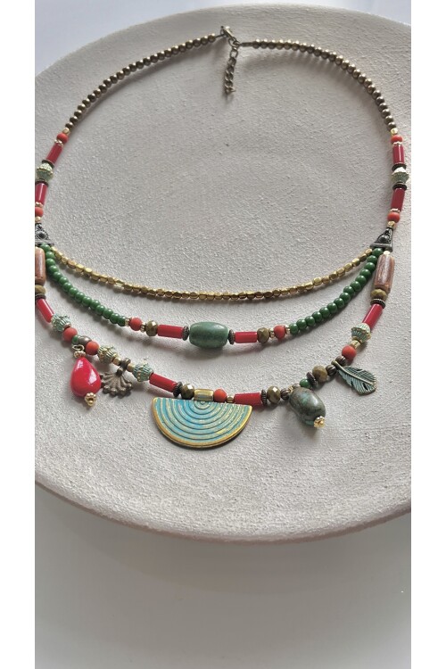 Nira Pirinç Cam Etnik Kolye