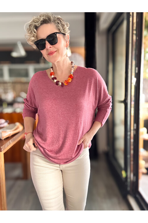 Nonna İthal V Yaka Tasarım Triko Gül Kurusu