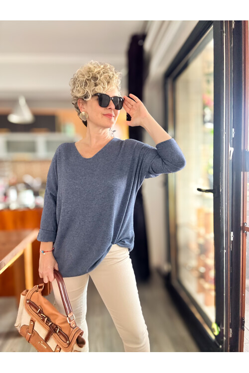 Nonna İthal V Yaka Angora Triko İndigo