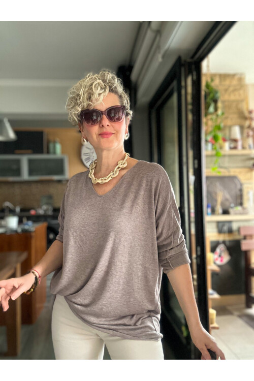 Nonna İthal V Yaka Tasarım Triko Vizon