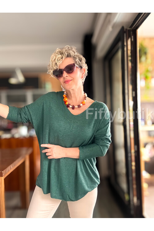 Nonna İthal V Yaka Tasarım Triko Zümrüt