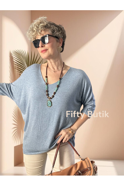 Nonna İthal V Yaka Tasarım Triko Açık Mavi