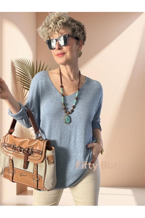 Nonna İthal V Yaka Tasarım Triko Açık Mavi