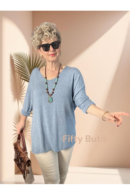 Nonna İthal V Yaka Tasarım Triko Açık Mavi