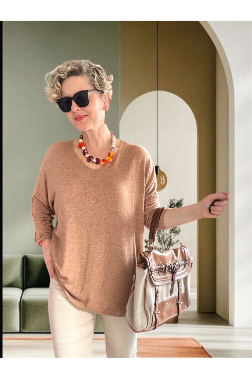 Nonna İthal V Yaka Tasarım Triko Camel