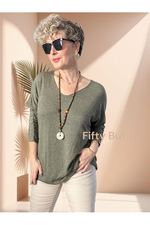 Nonna İthal V Yaka Tasarım Triko Haki