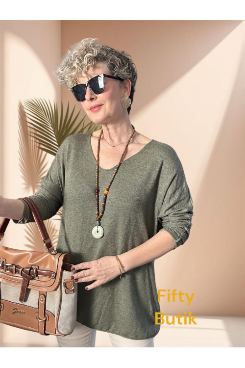 Nonna İthal V Yaka Tasarım Triko Haki