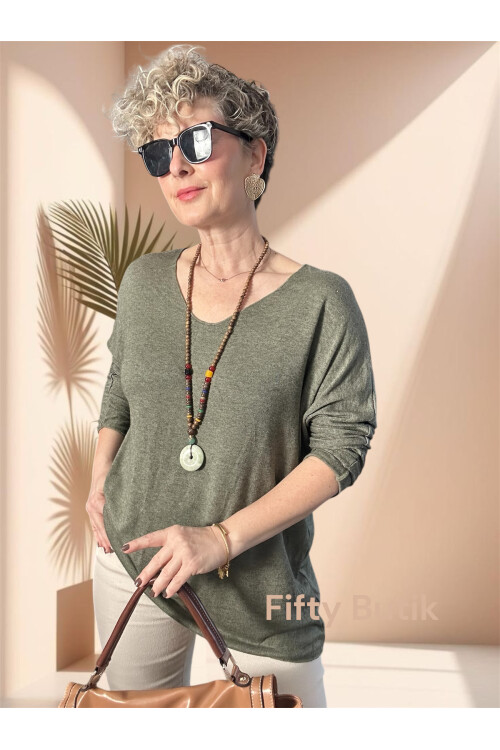 Nonna İthal V Yaka Tasarım Triko Haki