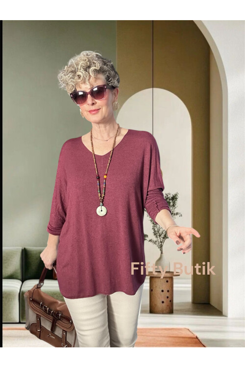 Nonna İthal V Yaka Tasarım Triko Mürdüm