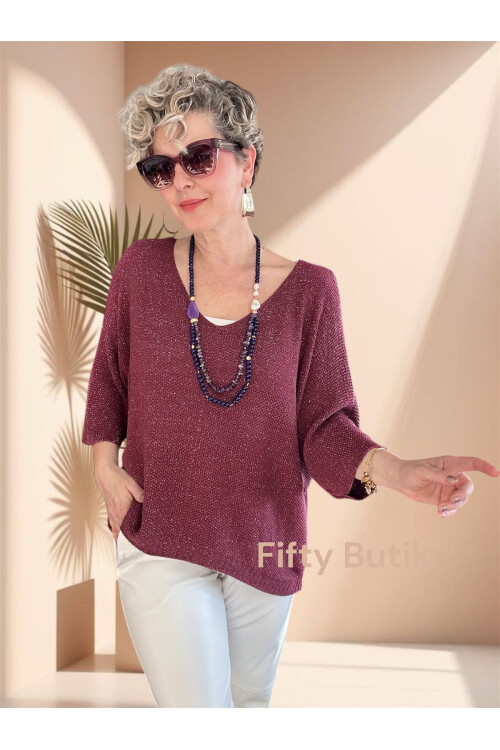 Otto İtalyan Sim Detay Triko Bluz Bordo