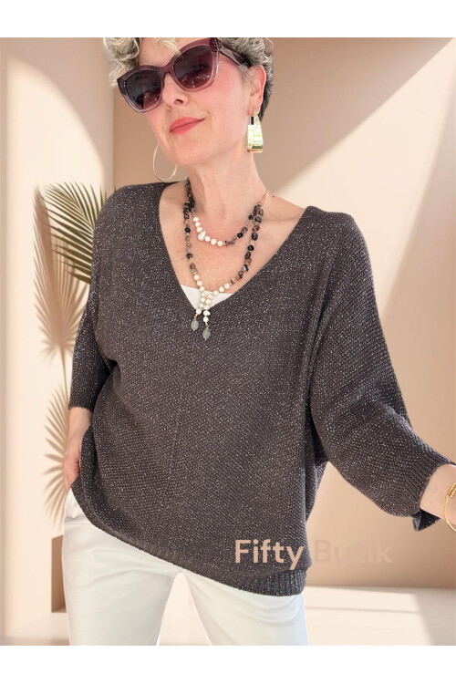 Otto İtalyan Sim Detay Triko Bluz Kahve