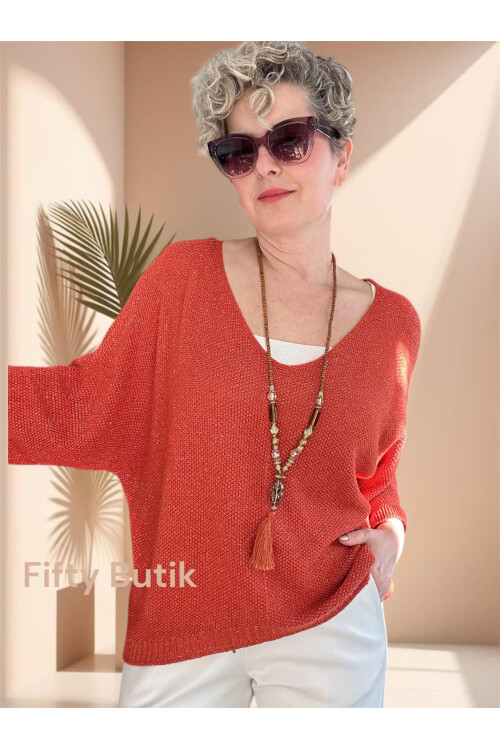 Otto İtalyan Sim Detay Triko Bluz Kiremit