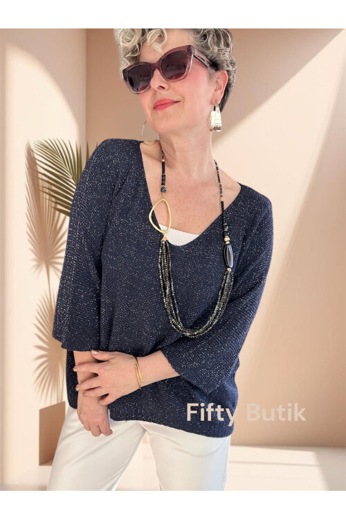 Otto İtalyan Sim Detay Triko Bluz Lacivert