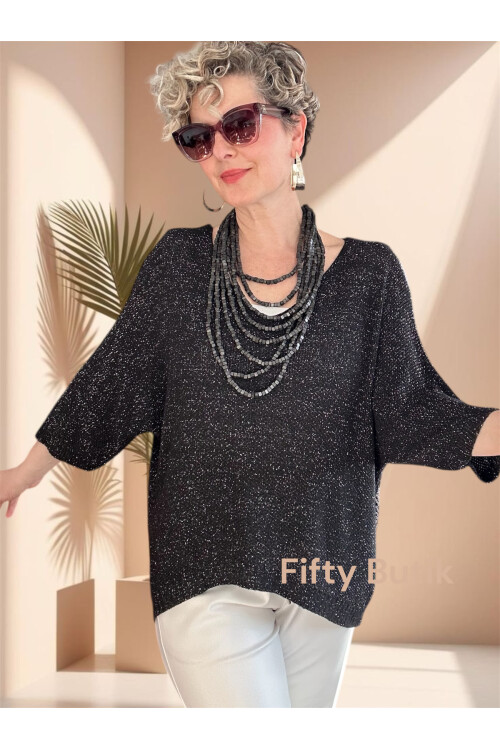 Otto İtalyan Sim Detay Triko Bluz Siyah