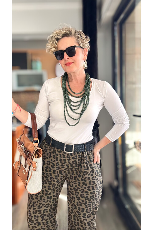 Oyyo İtalyan Deri Kemer Leopar Desen Pantolon Kahverengi