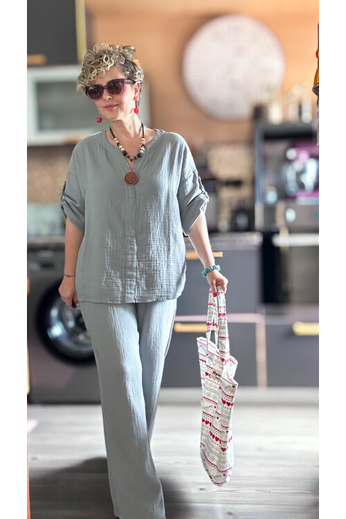 Passero Müslin Tahta Düğmeli Bluz Pantolon Takım Açık Gri