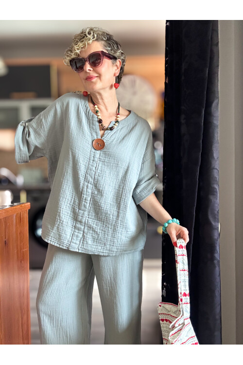 Passero Müslin Tahta Düğmeli Bluz Pantolon Takım Açık Gri