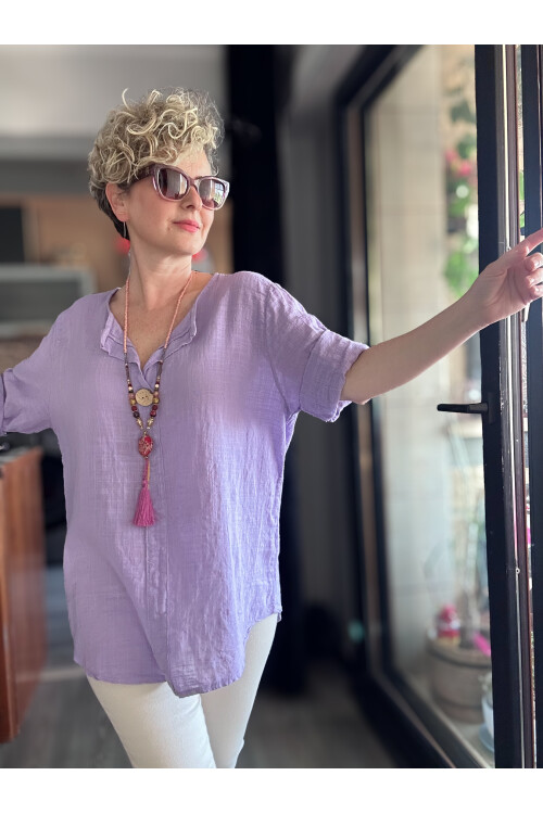 Peppino İtalyan Tahta Düğme Detay Bluz Eflatun