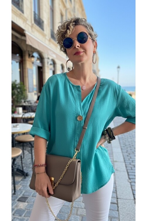Peppino İtalyan Tahta Düğme Detay Bluz Lagoon