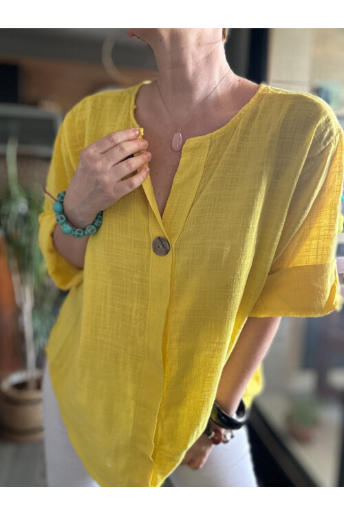 Peppino İtalyan Tahta Düğme Detay Bluz Sarı