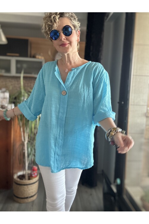 Peppino İtalyan Tahta Düğme Detay Bluz Turkuaz