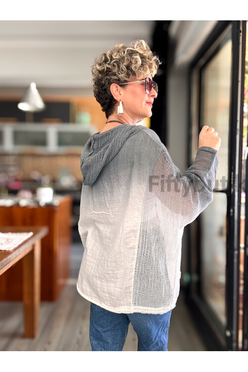 Pergi Batik File Detay Kapşonlu Ceket Gri