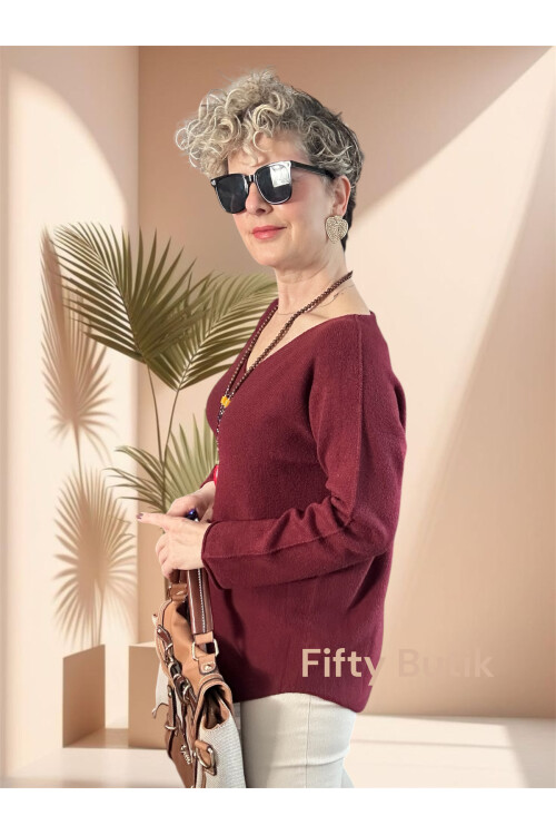 Piatti İtalyan V Yaka Yumoş Oval Triko Bordo