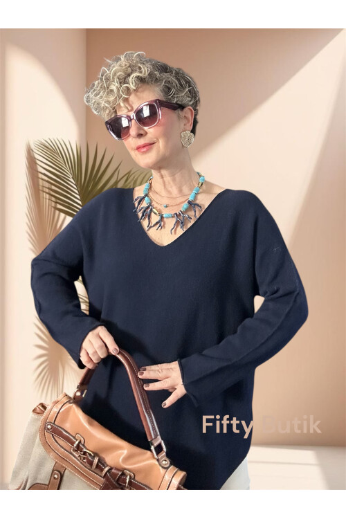 Piatti İtalyan V Yaka Yumoş Oval Triko Lacivert