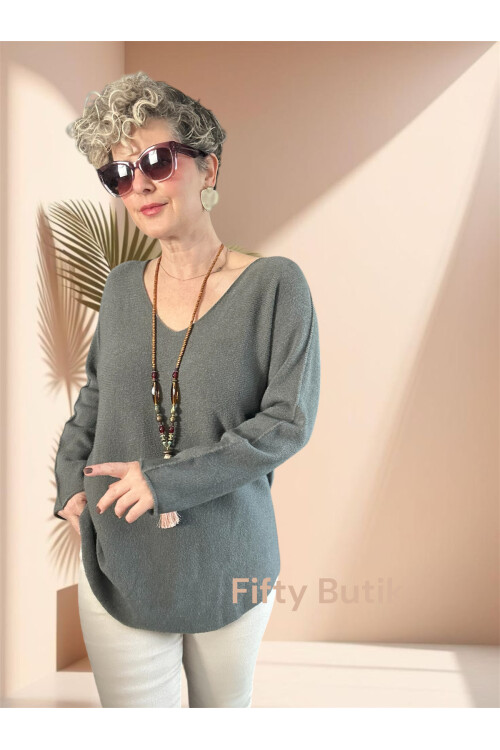 Piatti İtalyan V Yaka Yumoş Oval Triko Soft Haki