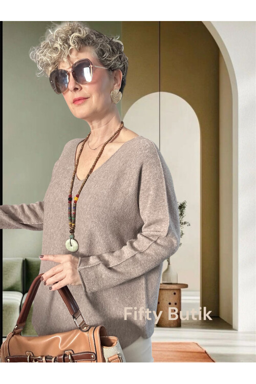 Piatti İtalyan V Yaka Yumoş Oval Triko Vizon