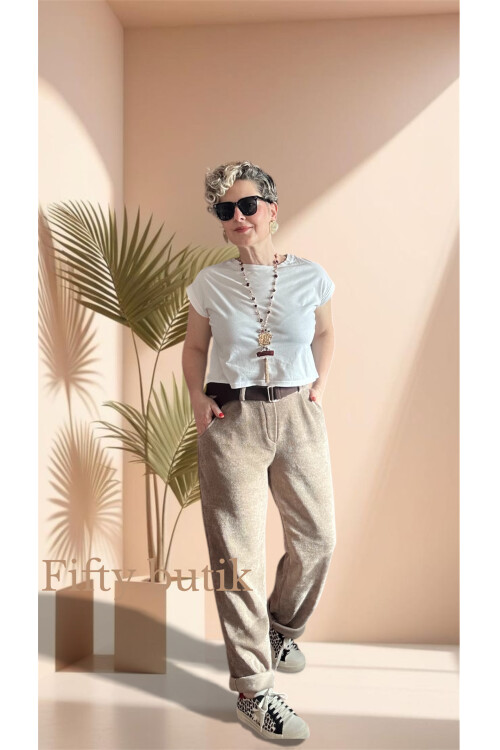 Pierro İtalyan Şönil Kemerli Havuç Pantolon Cafe Creme