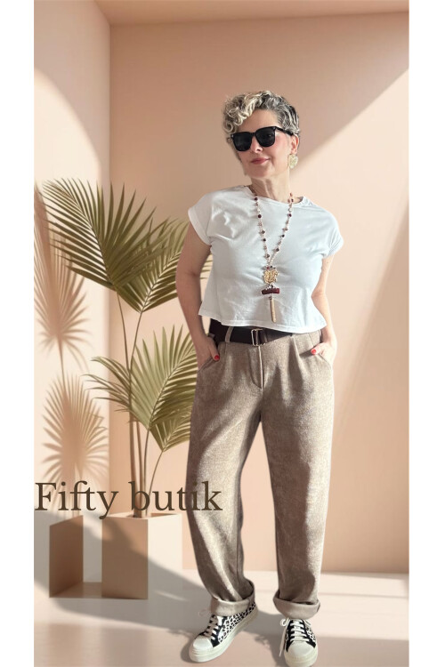 Pierro İtalyan Şönil Kemerli Havuç Pantolon Cafe Creme