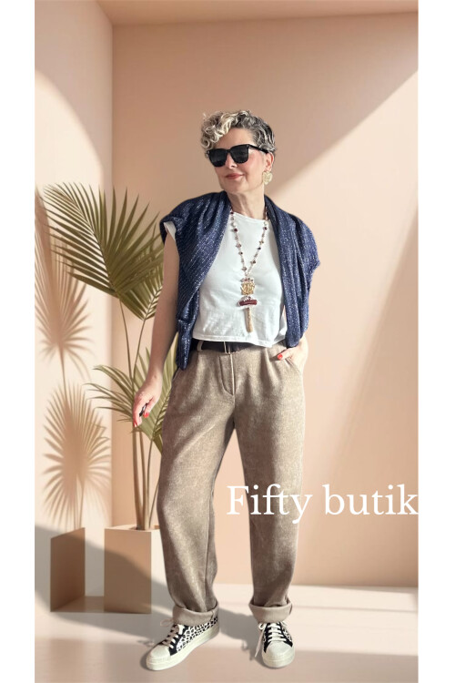 Pierro İtalyan Şönil Kemerli Havuç Pantolon Cafe Creme