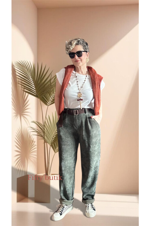 Pierro İtalyan Şönil Kemerli Havuç Pantolon Haki