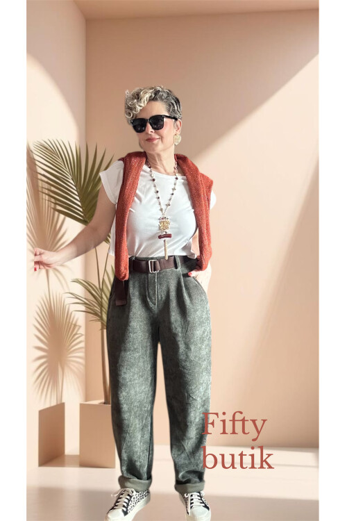 Pierro İtalyan Şönil Kemerli Havuç Pantolon Haki