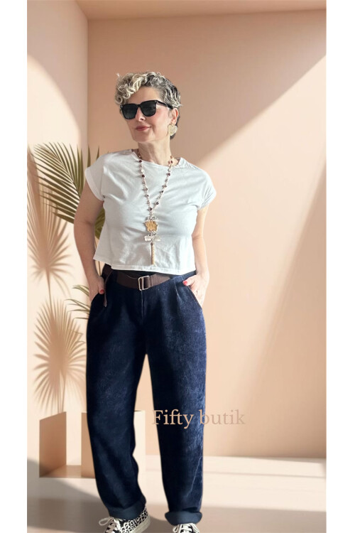 Pierro İtalyan Şönil Kemerli Havuç Pantolon Lacivert