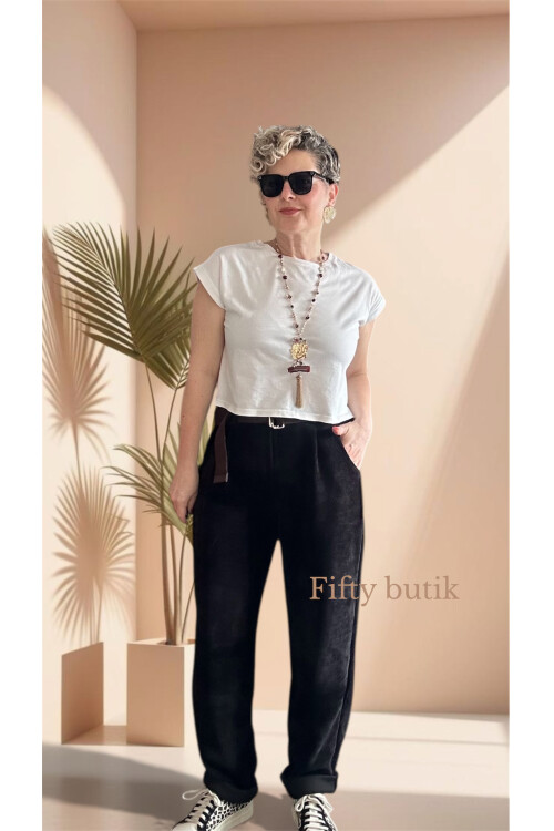 Pierro İtalyan Şönil Kemerli Havuç Pantolon Siyah