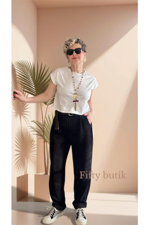 Pierro İtalyan Şönil Kemerli Havuç Pantolon Siyah