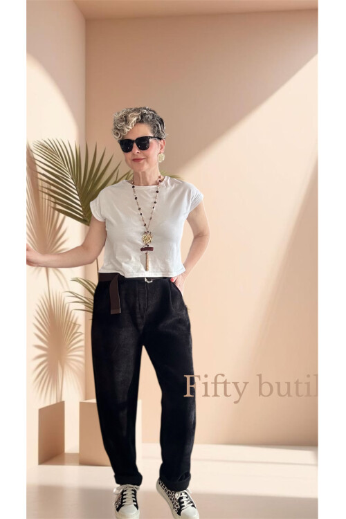 Pierro İtalyan Şönil Kemerli Havuç Pantolon Siyah