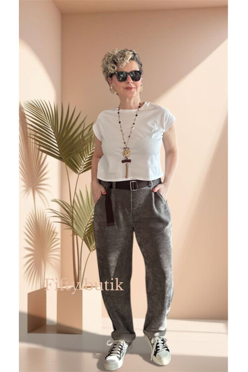 Pierro İtalyan Şönil Kemerli Havuç Pantolon Vizon