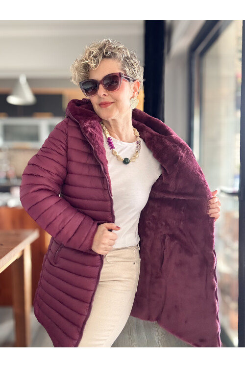 Ping İthal Çift Taraflı Anorak Peluş Uzun Mont Bordo